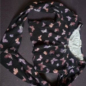 Girls' Black Long Sleeve Tee with Purple & Pink Butterfly Print